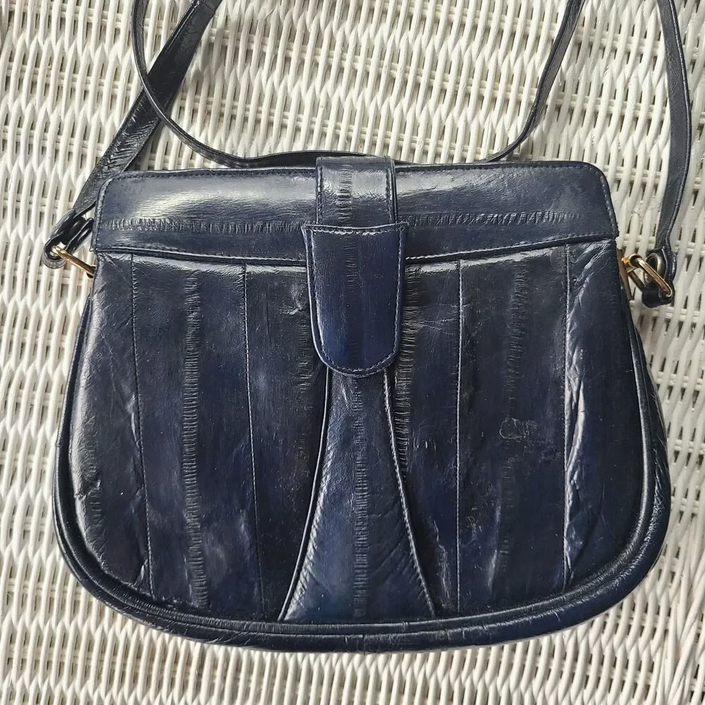 Vintage Retro 80s Genuine Eel Skin Navy Leather Handbag Shoulder Bag Purse